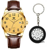 Kit Relógio Dourado Analógico Masculino Olevs + Chaveiro Trena Kit Relógio Dourado Analógico Masculino Olevs + Chaveiro Trena