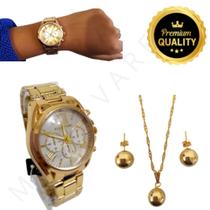 Kit Relogio Dourado + Colar + Brinco Presente Mulher Namorada Mãe