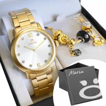 Kit Relógio Dourado Feminino Analógico Quartz Original + Pulseira Pandora Banhado a Ouro 18k