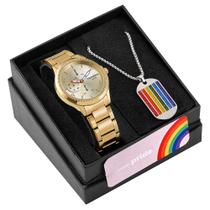Kit Relógio Dourado Multifunção Pride Colar Placa Com Glitter