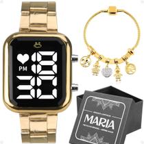 Kit Relógio Dourado Prata Digital Feminino Aço + Pulseira Pandroa Folheado