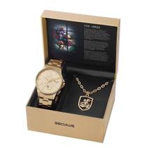 Kit Relógio Dourado Seculus Masculino São Jorge 44009gpskda1k1