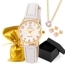 Kit Relógio Eura Couro Dourado Colar e Brinco com Caixa Presenteavel