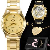 kit relógio feminino 18k aço banhado presente luxo