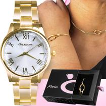 Kit relógio feminino aço banhado 18k garantia original