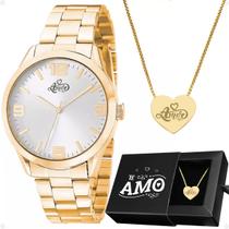 Kit Relógio Feminino Aço Dourado+ Colar Coração Te Amo Rma53