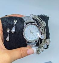 Kit Relógio Feminino Aço Inox Quartz Analógico redondo Luxo Dourado Rose Gold +Pulseira e Brincos + Caixa Presente