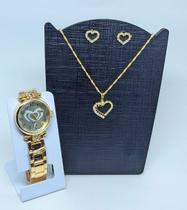 Kit Relógio Feminino Aço Inox Redondo Pedras Zorcônias Coração Quartz + Conjunto Colar e Brincos Folheado Ouro 18k