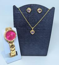 Kit Relógio Feminino Aço Inox Strass Pedras Zircônias Analógico Dourado Rose + Conjunto Colar e Brincos Folheado Ouro
