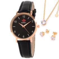 Kit Relógio Feminino Analógico Colar e Brinco Ouro Pulseira de Couro - Rose e Preto