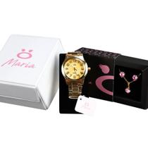 kit relógio feminino analógico dourado atacado presente + colar + brinco RMA5 - Orizom