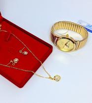 Kit Relógio Feminino Analógico Elástica Aço Quartzo Festa Trabalho Mderno mais Conjunto Colar e Brincos Folheado Ouro Gold Dourado Rose Prata