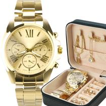 Kit Relógio Feminino Analógico + Porta Joias com Colar Brincos Pulseira Anel Banhado