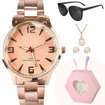 Kit relógio Feminino banhado prova agua +oculos original