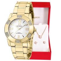 Kit Relógio Feminino Champion Ana Hickmann Dourado Analógico Prova D'Água AH28740H Kit Colar e Brincos Kit Relógio Feminino Champion Ana Hickmann Dourado Analógico Prova D'Água AH28740H Kit Colar e Brincos