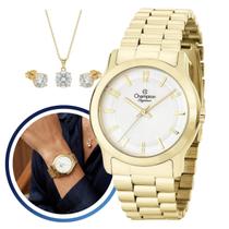 Kit Relógio Feminino Champion Dourado Analógico CN25047W Pulseira em Aço Inoxidável Prova DAgua 50 Metros Colar e Brincos Presente Perfeito