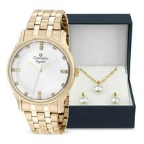 KIT Relógio Feminino Champion Dourado Com Colar e Brincos