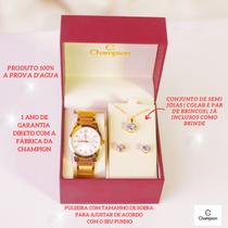 Kit relógio feminino champion dourado Elegance colar e brincos a prova d'agua + garantia