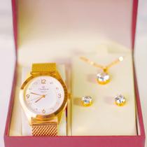 Kit Relógio Feminino champion Dourado Elegance com colar e brincos