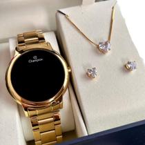 Kit Relógio Feminino Champion Dourado fundo preto Redondo Colar Brinco Original moderno Presente