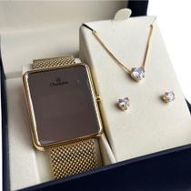 Kit Relógio Feminino Champion Original Dourado Espelhado Colar Brinco folheado Presente Estiloso
