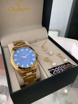 Kit relógio feminino champion passion dourado com visor azul cn29865k