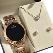 Kit Relógio Feminino Champion Rosê fundo preto Redondo + Colar Brinco Original moderno Presente Kit Relógio Feminino Champion Rosê fundo preto Redondo + Colar Brinco Original moderno Presente