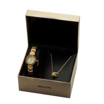 Kit Relógio Feminino Clássico com Colar Dourado