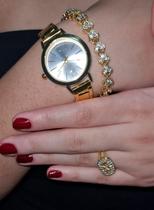 Kit Relógio Feminino com Brilho, Brincos, Colar, Pulseira e Anel para Festas, Dourado Kit Relógio Feminino com Brilho, Brincos, Colar, Pulseira e Anel para Festas, Dourado