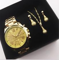Kit relógio feminino com colar e brincos presente luxo