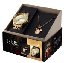 Kit relógio feminino com colar jesus dourado 44036lpskda1k1