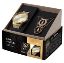 Kit relógio feminino com colar nossa senhora aparecida dourado 44040lpskda1k1