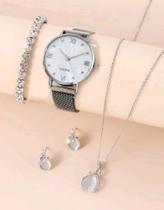 Kit Relógio feminino , com pulseira, brinco e cordão