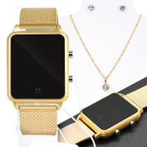 Kit relógio feminino digital led dourado silicone presente