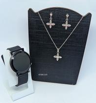 Kit Relógio Feminino Digital Led Strass Zircônias Silicone Ajustável + Conjunto Colar e Brincos Folheado Ouro Presente