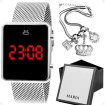 Kit Relógio Feminino Digital Quadrado Prata Casual com Caixa Presente e Pulseira Berloques Ajustável