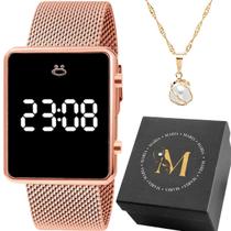 Kit Relógio Feminino Digital Rosé com Colar Pingente Pérola Aço Inoxidável Pulseira Silicone Caixa Premium