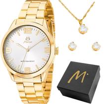 Kit Relógio Feminino Dourado Aço Inox Moderno com Colar Pingente Strass e Brincos Banhados 18k Caixa Presente Premium Exclusiva Kit Relógio Feminino Dourado Aço Inox Moderno com Colar Pingente Strass e Brincos Banhados 18k Caixa Presente Premium Exclusiva