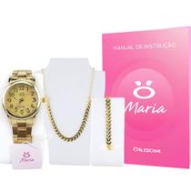 kit relógio feminino dourado aço original nota fiscal