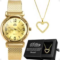 Kit Relógio Feminino Dourado+ Colar Strass Coração Mãe Rma40