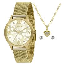 Kit Relógio Feminino Dourado Com Colar E Brincos Lince + Nf
