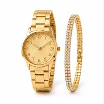 Kit Relógio Feminino Dourado com Pulseira Brilhante Elegante Kit Relógio Feminino Dourado com Pulseira Brilhante Elegante