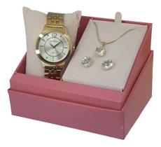 Kit Relógio Feminino Dourado Condor Com Bijuteria Fundo