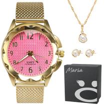 Kit Relógio Feminino Dourado Fundo Rosa Pequeno Prova D'água Luxo Banhado + Pulseira + Colar Prata