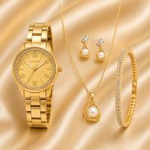 Kit Relógio Feminino Dourado Pallyjane com Colar Brincos e Pulseira
