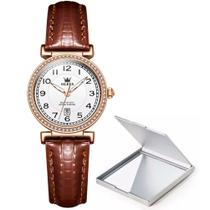 Kit Relógio Feminino Dourado Pulseira Pedra Strass + Espelho