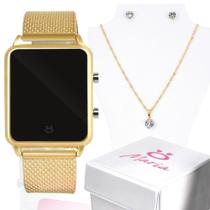Kit relógio feminino dourado silicone digital led colar