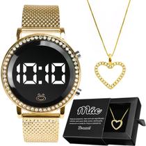 Kit Relógio Feminino Dourado Strass+ Colar Coração Mãe Rma43