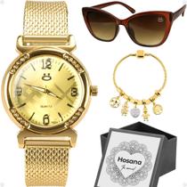 Kit Relógio Feminino e Pulseira Dourado Delicado Aço Gravado Folheado Ouro Analógico Grife + Óculos