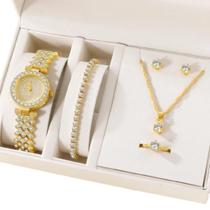 Kit Relógio Feminino Em Strass Pulseira E Acessórios Dourado